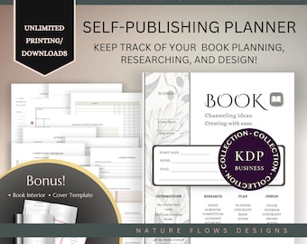 May include: A printable self-publishing planner with a floral design. The planner includes sections for book planning, researching, and design. It also includes a bonus book interior and cover template. The planner is titled "Book: Channeling ideas. Creating with ease." and features a KDP Business Collection logo.