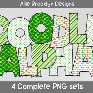 4 Sets Rainbows & Horseshoes Alphabet Letters PNG Bundle, St Patrick&#39;s Day, Hand Drawn Doodle, Sublimation Alpha Set Designs, Alphabet PNG