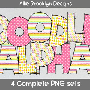 4 Sets Rainbow Daisy Chick Alphabet Letters PNG Bundle, Spring Easter Daisy Watercolor, Hand Drawn Doodle, Sublimation Alpha Set Designs