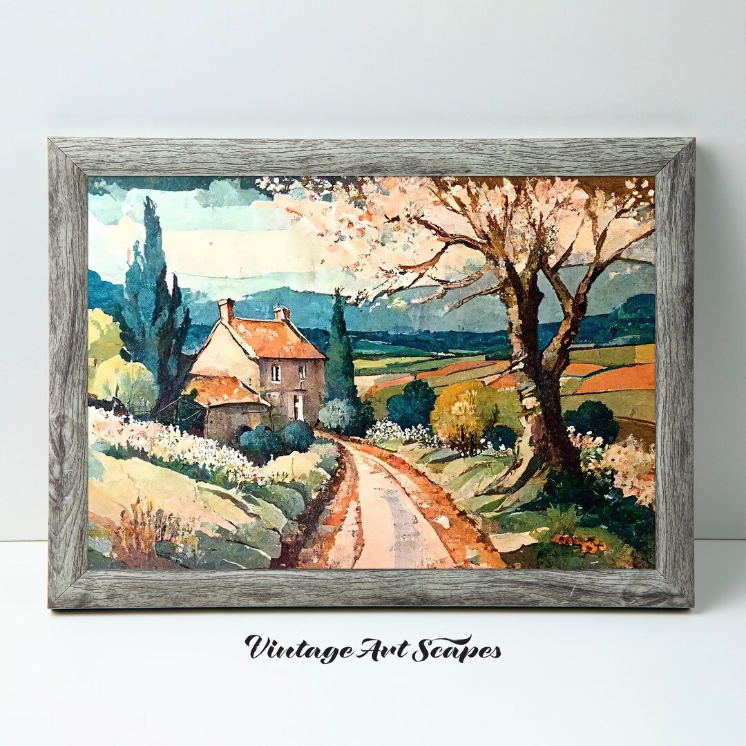 Vintage European Landscape Painting W/ Path, Trees & House Printable