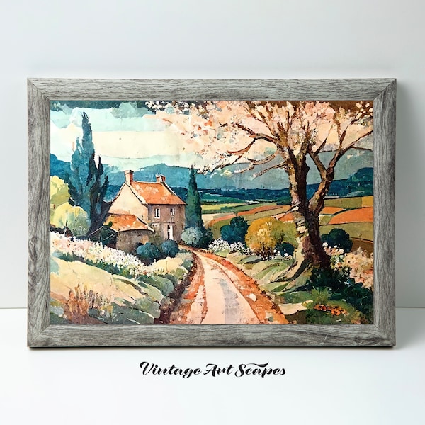 Vintage European Landscape Painting w/ Path, Trees & House | Printable Digital Downloadable Artwork | Rustic Landscape Horizontal Wall Art
