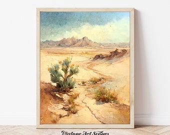 Vintage Painting of Desert Path with Mountains & Cactus | Printable Digital Downloadable Artwork | Rustic Landscape Vertical Wall Art Poster