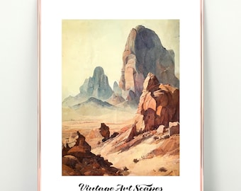Vintage schilderij van woestijntafereel met bergen en lucht | Afdrukbare digitale downloadbare kunstwerken | Rustiek landschap verticale muurposter