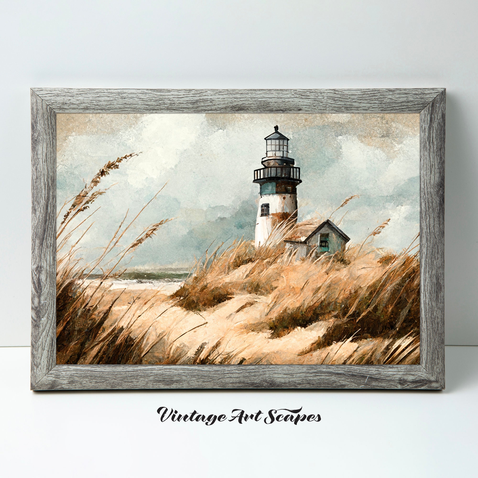 Vintage Lighthouse Painting Autumn Beach Rustic Ocean | Printable ...