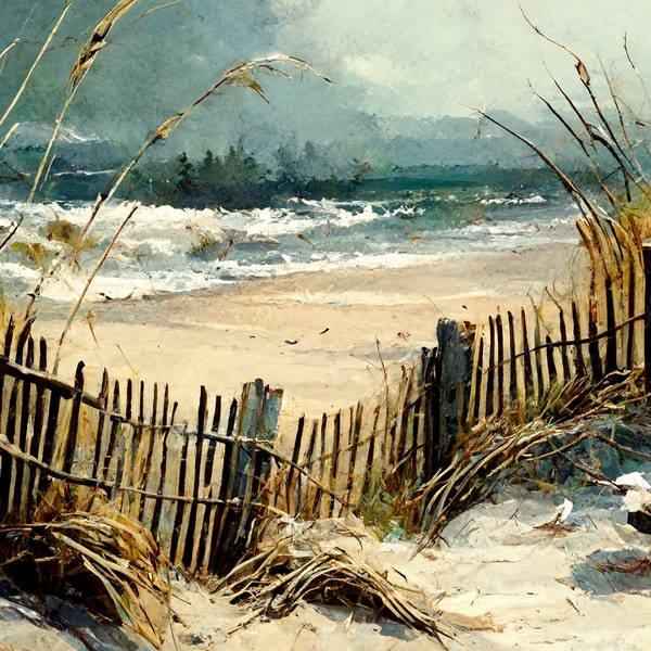 Vintage Painting of Seaside Beach, Grass & Sand Fence | Printable Digital Downloadable Artwork | Ocean Rustic Landscape Horizontal Wall Art