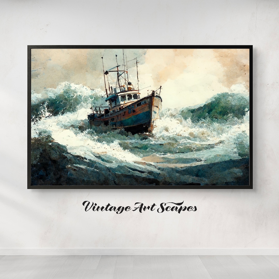 Vintage Painting Fishing Boat Waves Stormy Sea Printable Digital