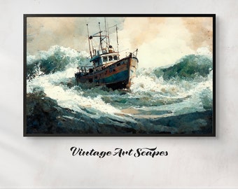 Vintage Painting Fishing Boat Waves Stormy Sea | Printable Digital Downloadable Artwork | Retro Rustic Seaside Landscape Horizontal Wall Art