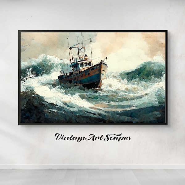 Vintage Painting Fishing Boat Waves Stormy Sea | Printable Digital Downloadable Artwork | Retro Rustic Seaside Landscape Horizontal Wall Art