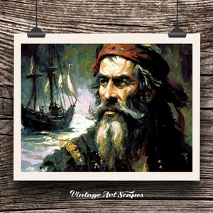 Printable Pirate Painting with Ship Background | Digital Downloadable Artwork | Rustic Caribbean Blackbeard Horizontal Wall Art Gift