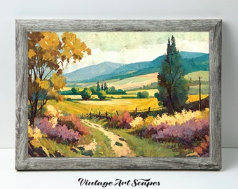 Vintage French Countryside Landscape Painting w/ Path, Trees | Printable Digital Downloadable Artwork | Rustic Europe Horizontal Wall Art