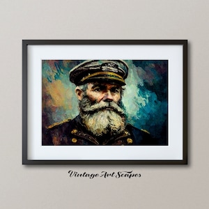 Vintage Sea Captain Painting | Printable Digital Downloadable Artwork | Retro Rustic Sailor Admiral Horizontal Wall Art