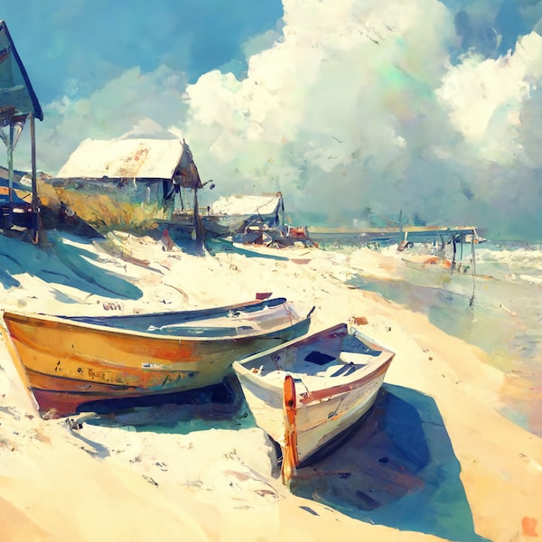 Vintage Painting of Row Boats on Sunny Beach | Printable Digital Downloadable Artwork | Retro Rustic Seaside Landscape Horizontal Wall Art