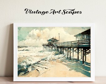 Vintage Painting of Seaside Boardwalk Pier with Waves | Printable Digital Downloadable Artwork | Retro Rustic Landscape Horizontal Wall Art