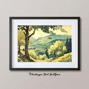Vintage Europees landschapsschilderij glooiende heuvels en bomen | Afdrukbare digitale downloadbare kunstwerken | Horizontale muurkunst rustieke landschap