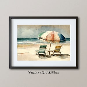 Vintage schilderij van rustige stoelen en parasol aan zee | Afdrukbare digitale downloadbare kunstwerken | Rustiek strandlandschap muurkunstdruk