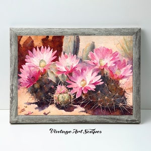 Vintage Painting Pink Desert Cactus Flowers | Printable Digital Downloadable Artwork | Rustic Landscape Horizontal Wall Art Gift Print