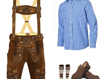 Authentic Bavarian Men's Lederhosen Oktoberfest Costume with Blue Shirt and Bavarian Shoes with Free Socks