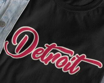 Faux stitched Detroit script design. Trendy design gives the look of embroidery without the weight or expensive cost of embroidery!