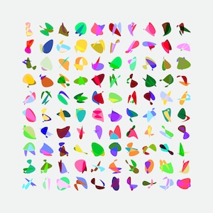 Può includere: Un'illustrazione digitale di 100 forme astratte colorate, ognuna con un design e una combinazione di colori unici. Le forme sono disposte in una griglia, creando un design astratto e visivamente stimolante.