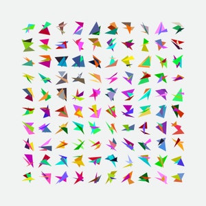 Può includere: Un'illustrazione digitale di una griglia di 100 forme geometriche astratte colorate. Ogni forma è composta da più triangoli e sembra essere una stella o un'esplosione di luce.