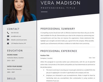 May include: A professional resume template featuring a dark header with a portrait of a woman, followed by sections for contact, education, skills, languages, professional summary, and experience. The text ATS FRIENDLY appears in a blue oval button.