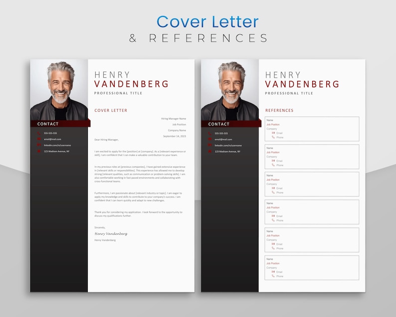 Peut inclure: Un mod&egrave;le de lettre de motivation et de r&eacute;f&eacute;rences en noir et blanc avec une photo d'un homme. Le mod&egrave;le comprend des coordonn&eacute;es, une lettre de motivation et une section de r&eacute;f&eacute;rences.