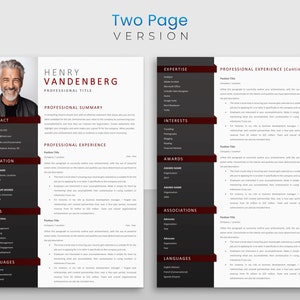 Peut inclure: Un mod&egrave;le de CV sur deux pages en noir et rouge avec une photo professionnelle d'un homme. Le CV comprend des sections pour les coordonn&eacute;es, la formation, les comp&eacute;tences, le r&eacute;sum&eacute; professionnel, l'exp&eacute;rience professionnelle, l'expertise, les int&eacute;r&ecirc;ts, les r&eacute;compenses, les associations et les langues.