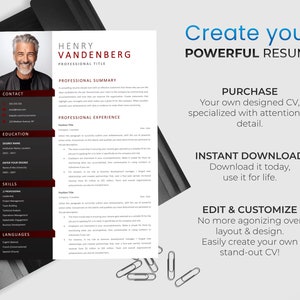 Peut inclure: Un mod&egrave;le de CV noir et rouge avec une photo professionnelle d'un homme. Le texte "Create your POWERFUL RESUME" est en bleu en haut de la page. Le texte "PURCHASE Your own designed CV, specialized with attention to detail." est en noir. Le texte "INSTANT DOWNLOAD Download it today, use it for life." est en noir. Le texte "EDIT & CUSTOMIZE No more agonizing over layout & design. Easily create your own stand-out CV!" est en noir.