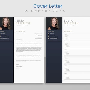 May include: A professional CV template with a photo, contact details, cover letter, and references section. The design features a navy blue and white colour scheme with gold accents. The text "Cover Letter & References" is at the top.
