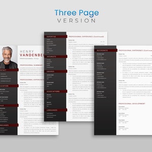 Peut inclure: Un mod&egrave;le de CV sur trois pages avec un fond gris fonc&eacute; et des accents rouges. Le CV comprend des sections pour les coordonn&eacute;es, la formation, l'exp&eacute;rience professionnelle, les comp&eacute;tences, les langues, l'expertise, les int&eacute;r&ecirc;ts, les r&eacute;compenses, les associations, les r&eacute;f&eacute;rences et le d&eacute;veloppement professionnel.