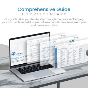 May include: A laptop showing a "Comprehensive Guide" with the text "Creating your SUCCESS". The guide offers resume templates, examples, and power word lists. The laptop is on a marble-effect surface.