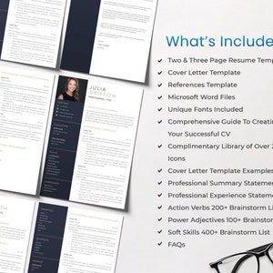 May include: Resume templates in navy blue and white, featuring sections for experience, skills, and education. The image includes the text "What's Included?" and a list of included items, such as templates and guides.