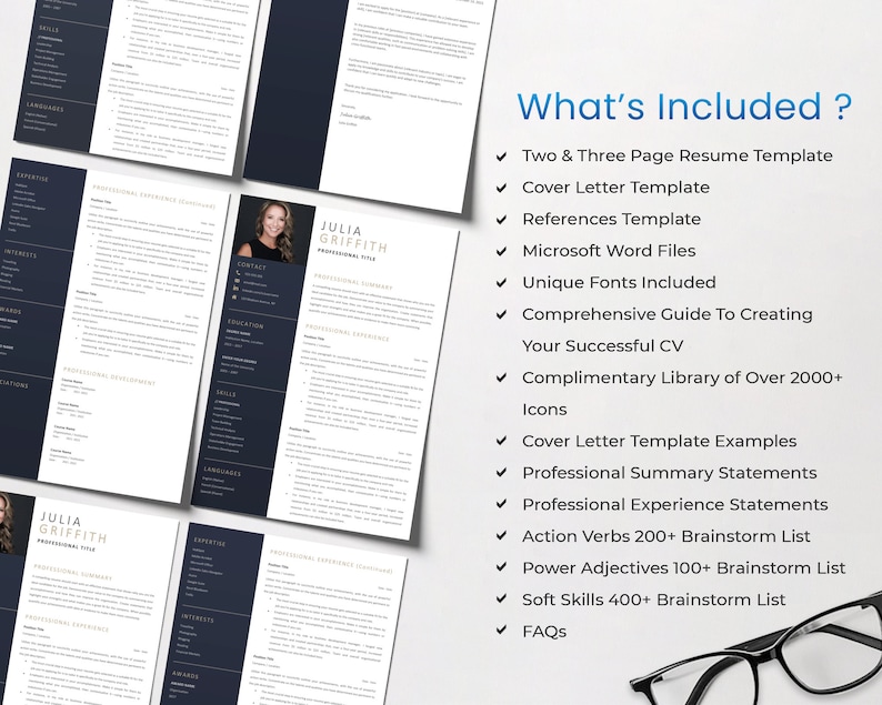 May include: Resume templates in navy blue and white, featuring sections for experience, skills, and education. The image includes the text "What's Included?" and a list of included items, such as templates and guides.