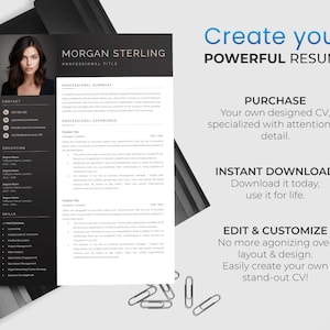May include: A black and white resume template with the text "Create your POWERFUL RESUME" in a large, bold font. The template features a professional headshot of a woman, contact information, education, skills, and professional experience sections. The template is designed to help users create a stand-out resume.