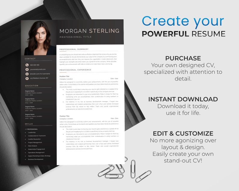 May include: A black and white resume template with the text "Create your POWERFUL RESUME" in a large, bold font. The template features a professional headshot of a woman, contact information, education, skills, and professional experience sections. The template is designed to help users create a stand-out resume.