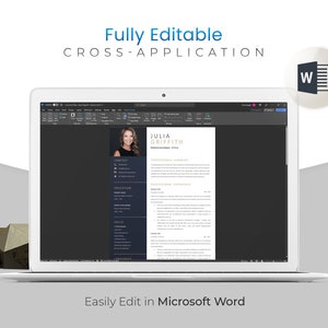May include: A laptop screen showing a resume template in Microsoft Word. The resume includes a photo, contact details, and sections for education, skills, and experience. The text at the top says "Fully Editable CROSS-APPLICATION". The bottom text says "Easily Edit in Microsoft Word".