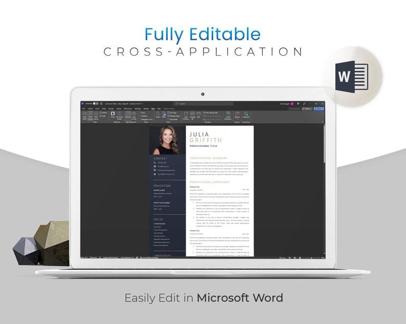 May include: A laptop screen showing a resume template in Microsoft Word. The resume includes a photo, contact details, and sections for education, skills, and experience. The text at the top says "Fully Editable CROSS-APPLICATION". The bottom text says "Easily Edit in Microsoft Word".