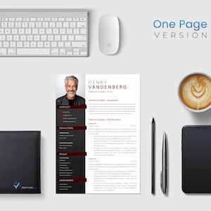 Peut inclure: Un mod&egrave;le de CV d'une page avec une photo professionnelle d'un homme. Le CV comprend des sections pour les coordonn&eacute;es, la formation, les comp&eacute;tences, les langues, le r&eacute;sum&eacute; professionnel et l'exp&eacute;rience professionnelle. Le texte "One Page VERSION" est en haut de la page.