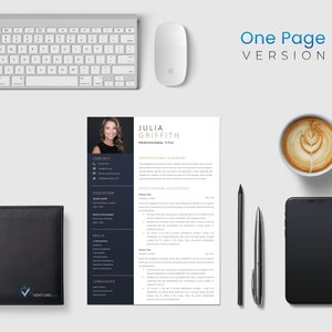 May include: A professional resume with the name "Julia Griffith" and the text "One Page VERSION" is displayed with a keyboard, mouse, coffee cup, phone, pen, and wallet. The resume has a photo and sections for contact, education, skills, and languages.