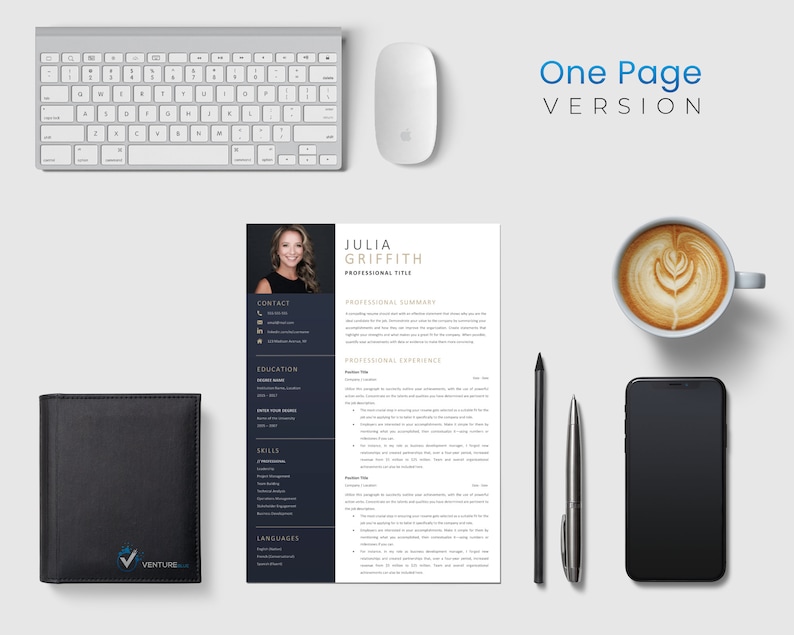 May include: A professional resume with the name "Julia Griffith" and the text "One Page VERSION" is displayed with a keyboard, mouse, coffee cup, phone, pen, and wallet. The resume has a photo and sections for contact, education, skills, and languages.