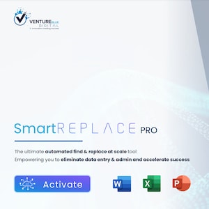 Può includere: Uno schermo bianco con testo blu che recita "SmartREPLACE PRO" e "Lo strumento definitivo di ricerca e sostituzione automatizzata su scala Ti consente di eliminare l'inserimento di dati e l'amministrazione e accelerare il successo". Ci sono tre pulsanti sotto il testo: "Attiva", "W", "X" e "P".