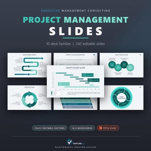 May include: A digital presentation template set titled Executive Management Consulting Project Management Slides featuring 10 deck families and 242 editable slides. The display shows various infographics including a Gantt chart, process cycles, and supply chain diagrams in teal and white.
