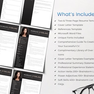 May include: A black and white resume template with a professional design. The template includes a cover letter, references, and a guide to creating a successful resume. It also includes a library of over 2000 icons.