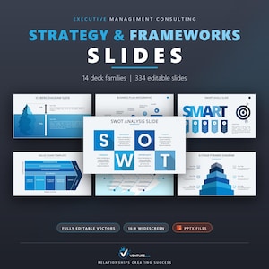 May include: A digital presentation template set titled Executive Management Consulting Strategy & Frameworks Slides, featuring 334 editable slides across 14 deck families. The display shows various blue and white business diagrams including SWOT, iceberg, and pyramid charts.