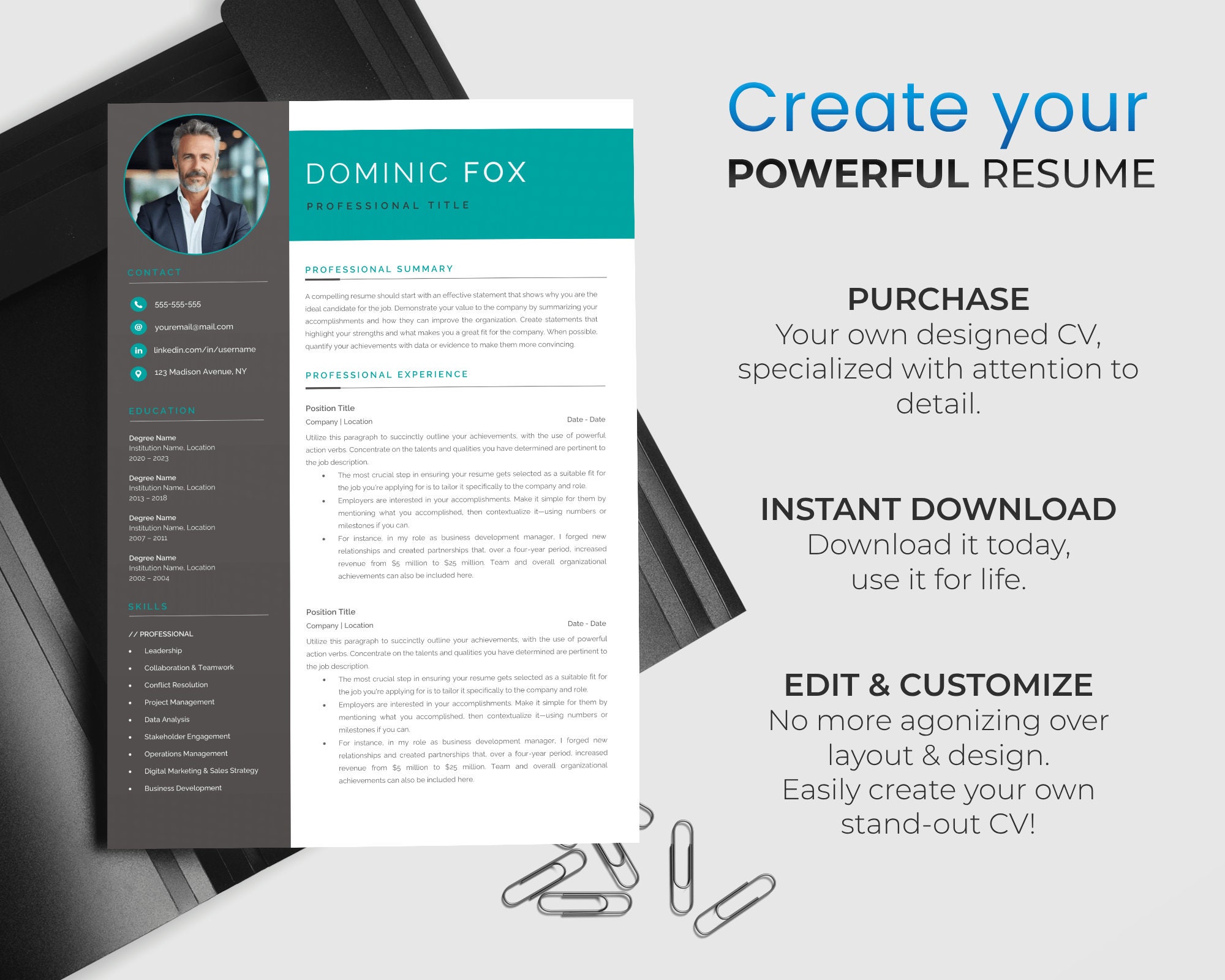 Modern Executive CV Template for Microsoft Word Professional Resume ...