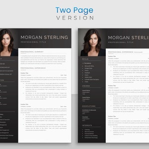 May include: A black and white two-page resume template with a professional headshot of a woman. The resume includes sections for contact information, education, skills, professional summary, professional experience, technical skills, awards, associations, and interests. The text "Two Page Version" is at the top of the page.