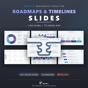 May include: A digital presentation template set titled Executive Management Consulting Roadmaps & Timelines Slides, featuring 170 editable slides across 5 deck families. The display shows various diagrams, including a cycle process, product roadmap, and timeline slides in blue and white.