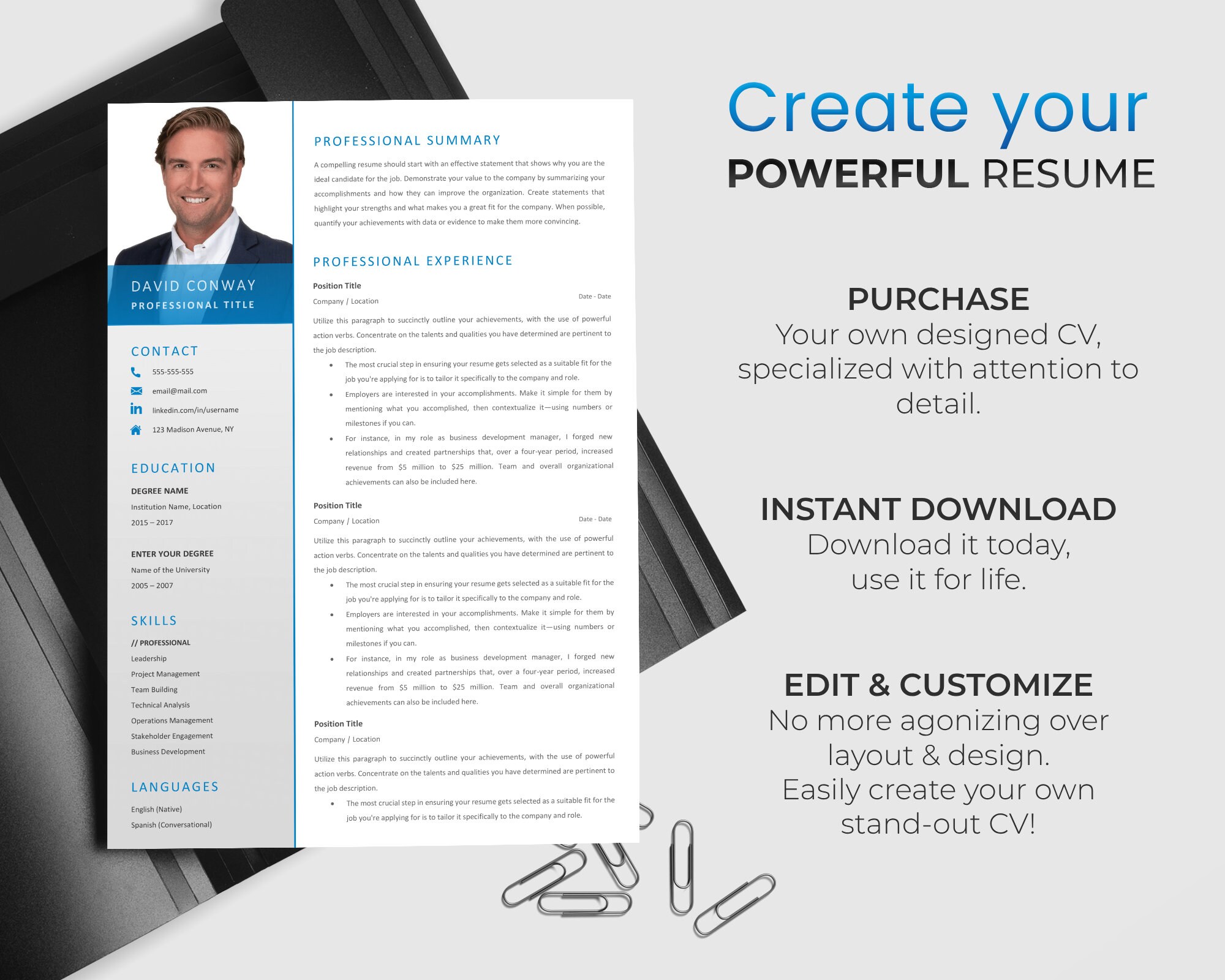 DIGITAL Download Professional CV TEMPLATE With Photo Editable Executive ...
