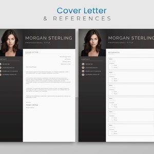 May include: A black and white cover letter and references template with a woman's headshot in the top left and top right corners. The template includes contact information, a cover letter, and a references section.