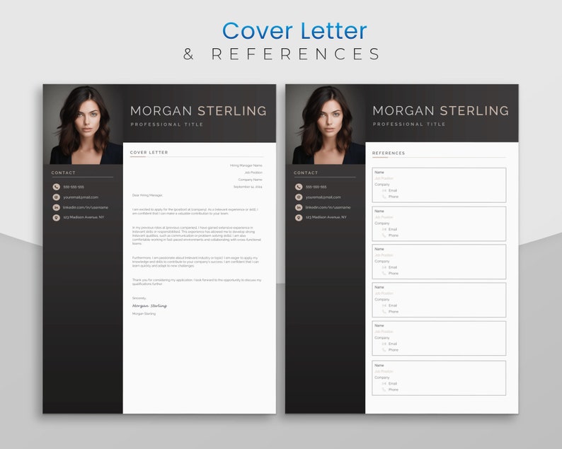 May include: A black and white cover letter and references template with a woman's headshot in the top left and top right corners. The template includes contact information, a cover letter, and a references section.